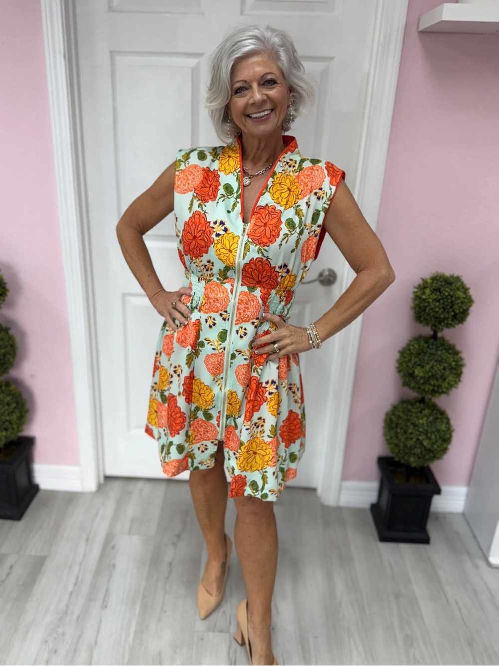 NWT Umgee Floral V-Neck Zipper Detail Collared Dress Blue Orange Size M